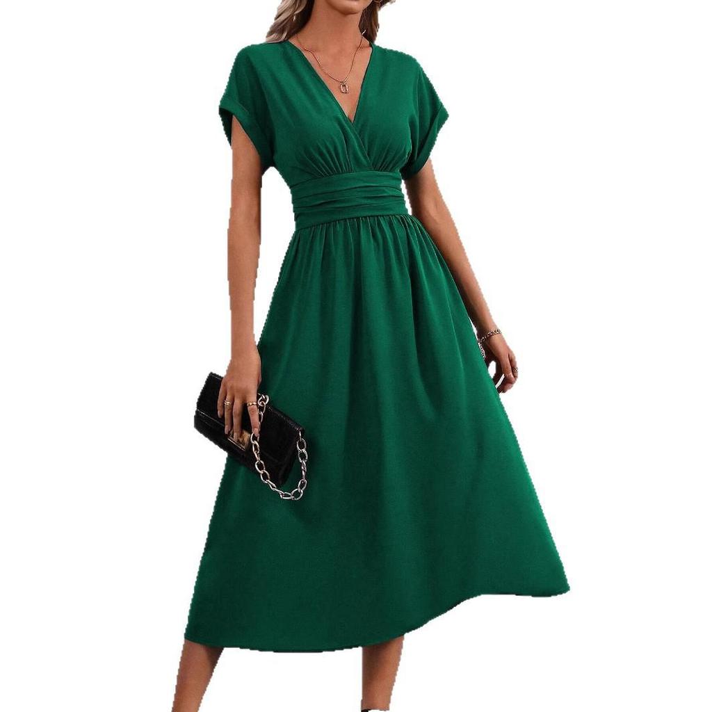 Kadın V Yaka Kısa Kollu A Kesim Elbise, Slim Fit Bel, Günlük Yazlık Elbise