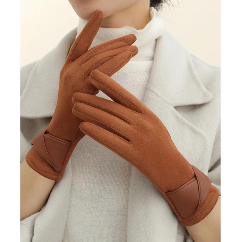 Women's Sueded Gloves with Fleece Lining for Warmth and Stylish Fashionable Bowknot Cuffs Hand Gloves for Daily Use