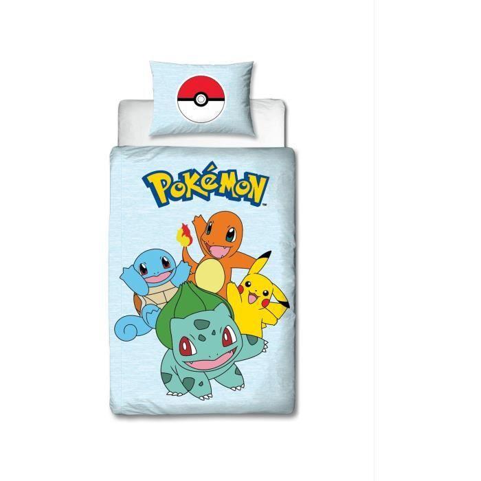 Parure De Lit Réversible - POKEMON - Pikachu Et Starter 1G III - Microfibre - 1 Housse De Couette 140 X 200 Cm + 1 Taie 63 X 63 Cm