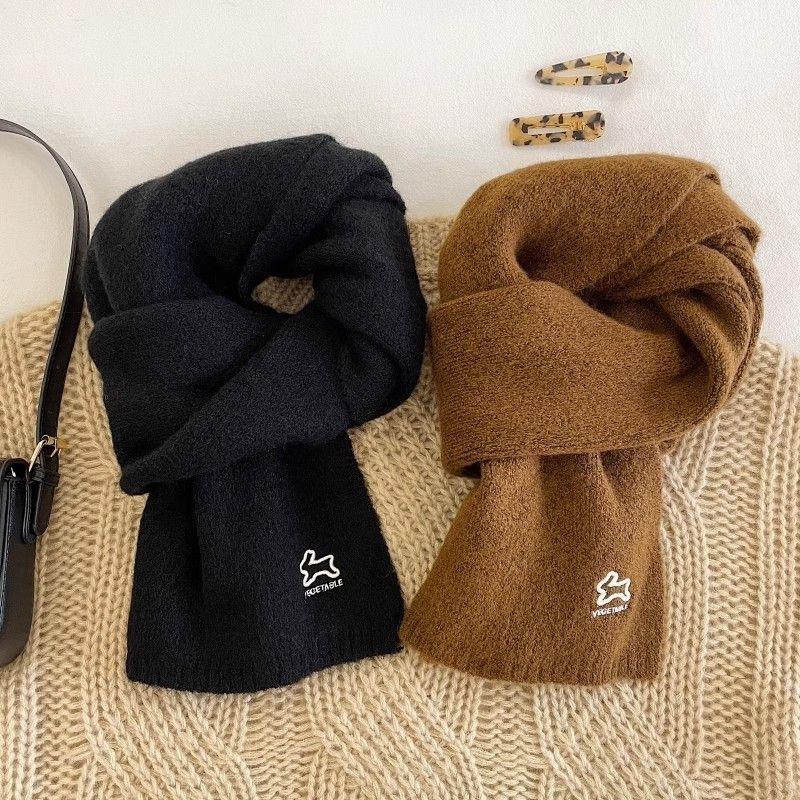 Autumn and Winter Retro Wool Student Scarf for Women Korean Embroidered Rabbit Warm and Versatile Knitted Scarf Solid Color Shawl