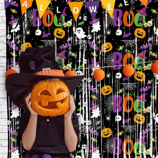 Holiday Party Backdrop Foil Fringe Curtain for Halloween, Orange Purple Black Background Tinsel Photo Booth Props, Pumpkin Ghost Bat Halloween