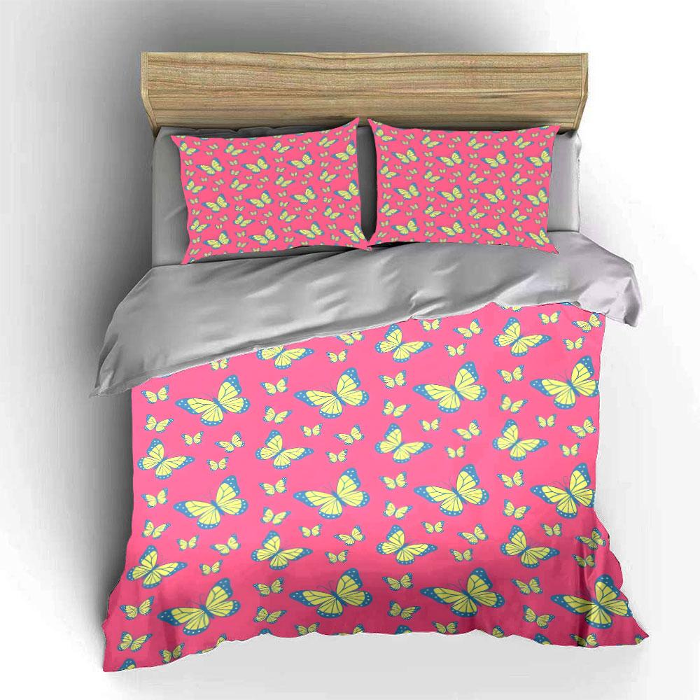 Pink background with yellow butterflies Print Bedding Set 1 Duvet Cover 2 Pillowcases for Adult Children Luxury Gift Full Size