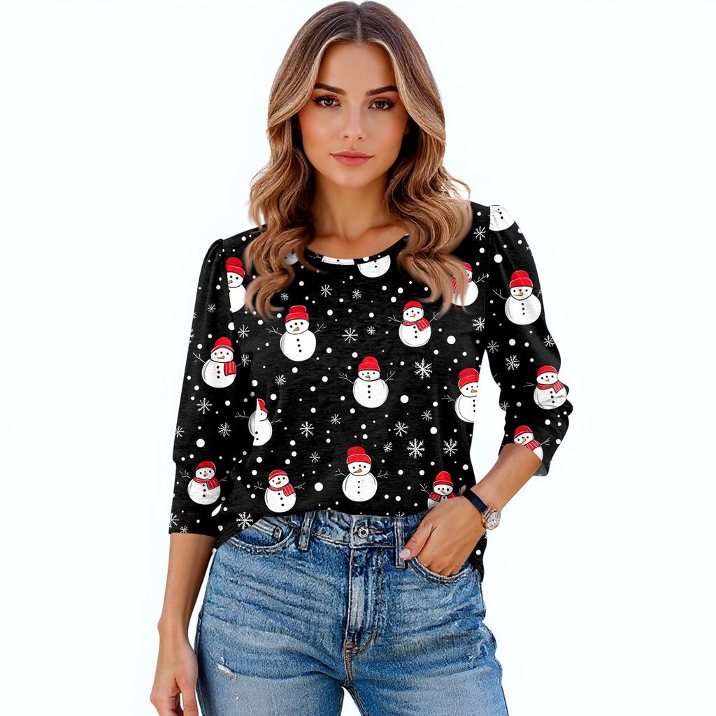 Women's Fashion Casual 3/4 Christmas Print Color Shirt Women's Round Neck Tops