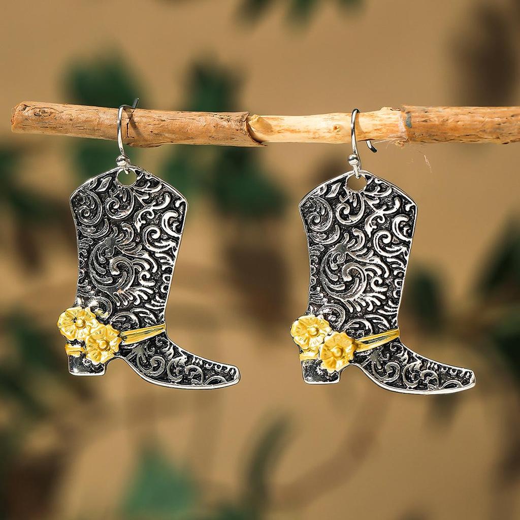 Retro Western Rose Double-Color Boots Earrings - Trendy Alloy Totem Design