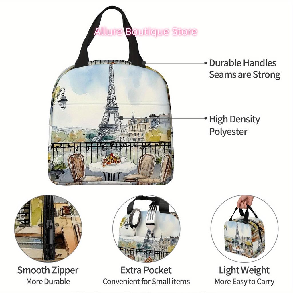 1pc Parisian Café with Eiffel Tower View Printed Thermal Insulated Bag – Reusable, Portable & Refrigerated for Home, Restaurant,