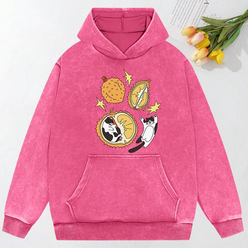 Cartoon Cat Nested In Durian Illustration Print Women Washed Hoodie Fashion Clothing Autumn Cotton Hoodies Hoody