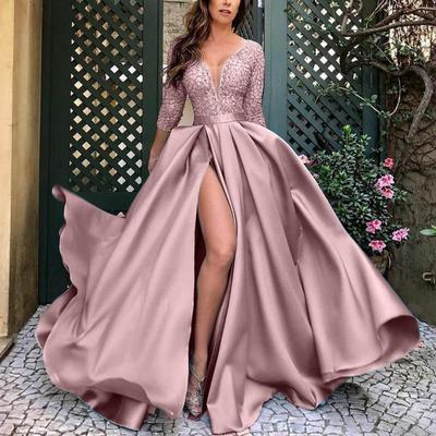 New European American Style Women's Sexy Lace Floor-length Train Long Evening Gown for Banquet Party