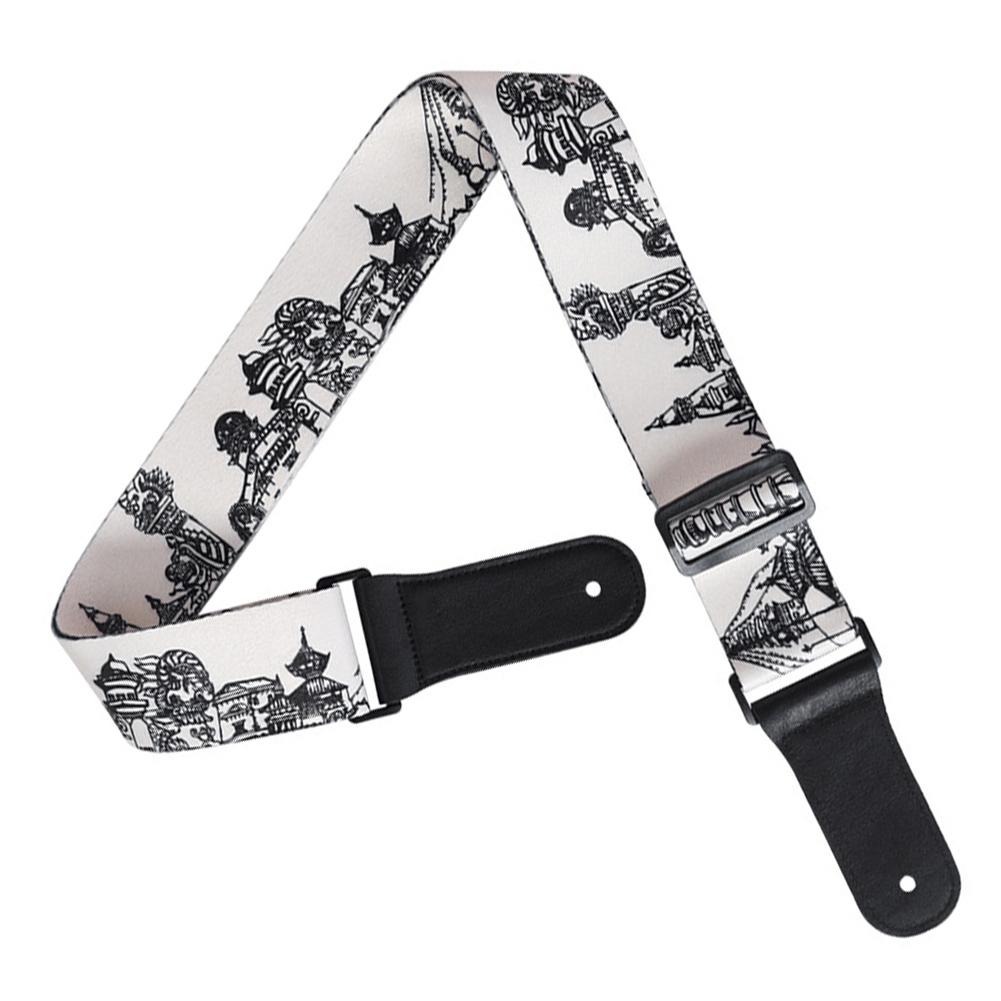 Leder Schultergurt Schwarz Weiß Bedruckt Verstellbare Länge Langlebig für Bass Folk Gitarre