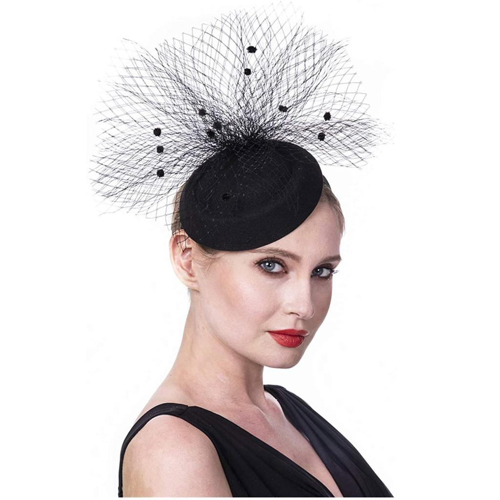 Ladies Mesh Wedding Party Fascinator Headband Hairband Cocktail Hat Mesh Netting with Decorative Dots for Formal Events