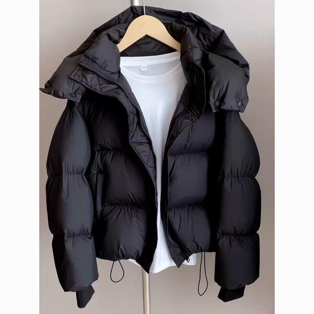 Women's Hooded Quilted Puffer Jacket with Drawstring Hem Solid Color Short Winter Coat