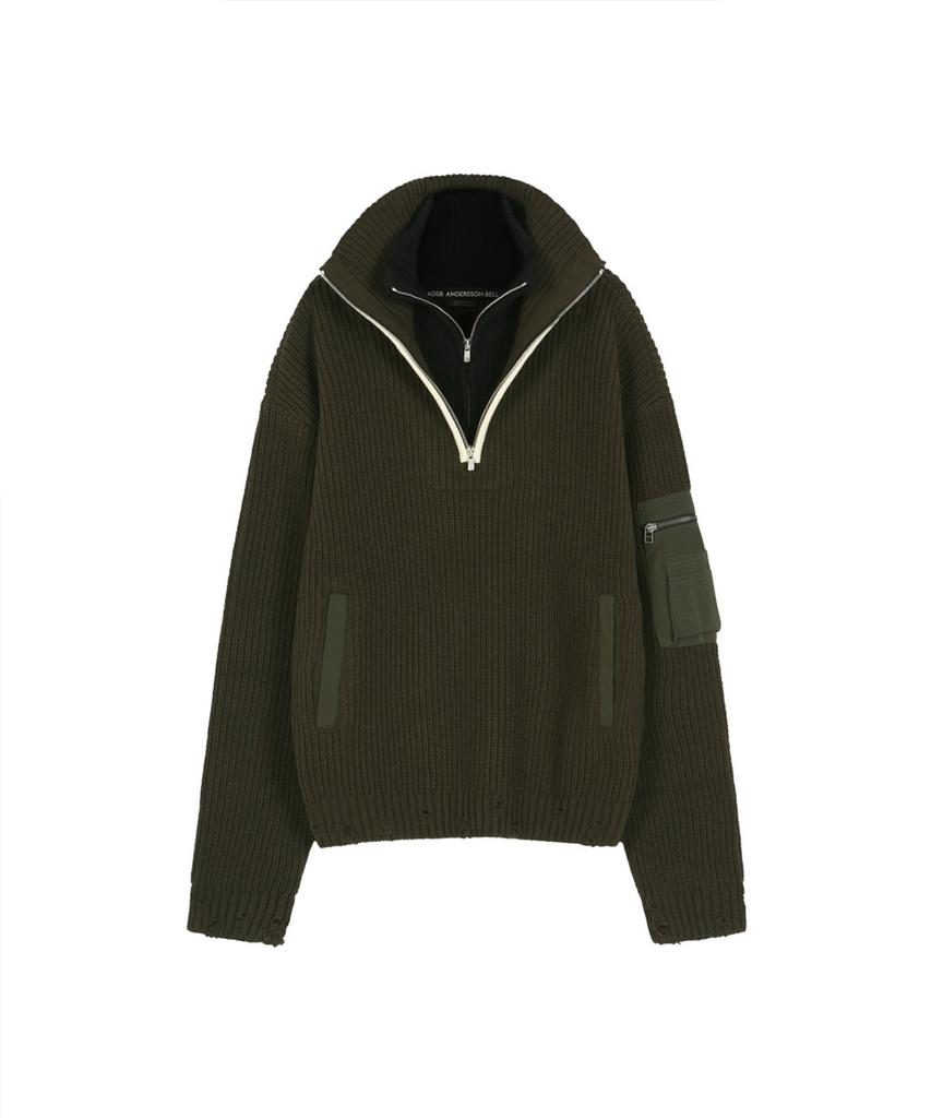 ADSB ANDERSSON BELL Double Layered Quarter Zip-Up Sweater (Khaki/Black)