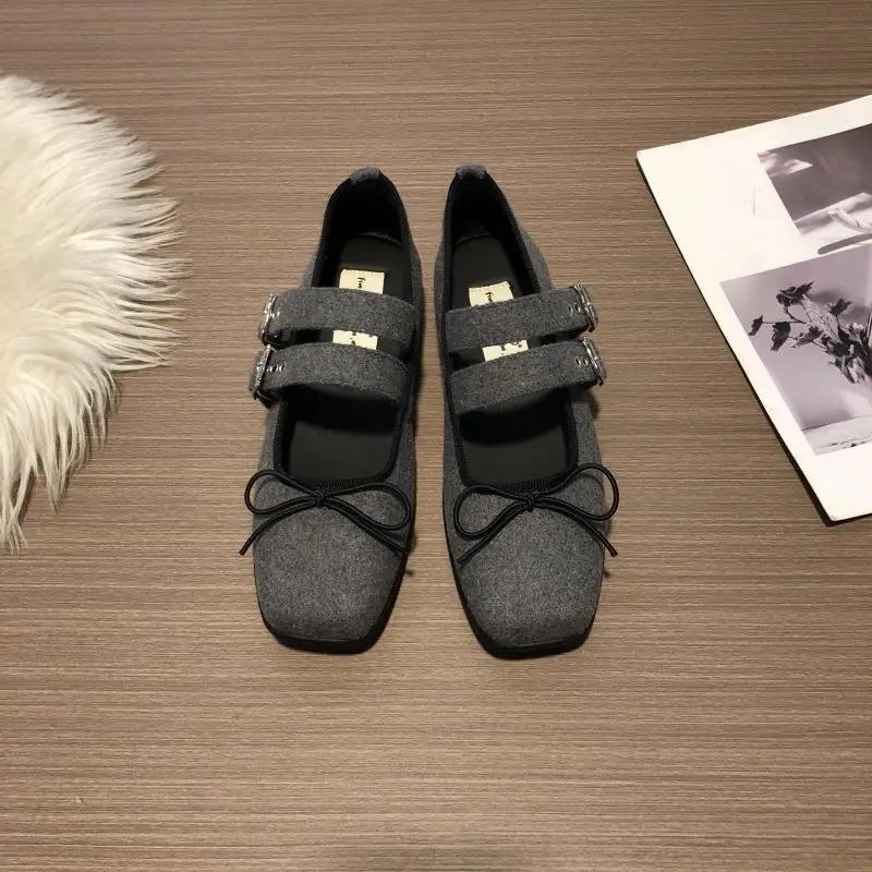 Fashion IPPEUM Velvet Mary Janes Shoes Women Ballet Flats Square Toe Rose Red Buckle Ballerinas Zapatos Mujer