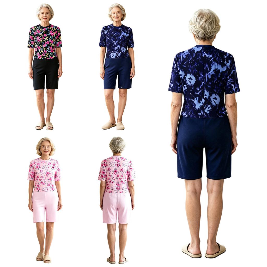 Elderly Special Needs Romper Floral Print Short Sleeve Back Zipper Crotch Zipper Anti-strip Adaptive Jumpsuit for Women Loungewear