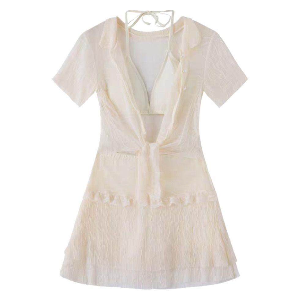 Solid Three-pieces Swimsuit Short Sleeve Cover-Ups Modest Yet Bathing Suit  Swimming