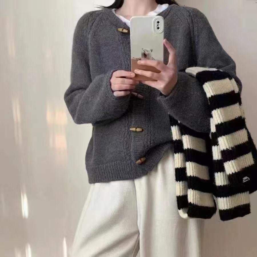 Cardigã de Malha Feminino com Botão de Alavanca Retrô - Estilo Coreano, Outono/Inverno