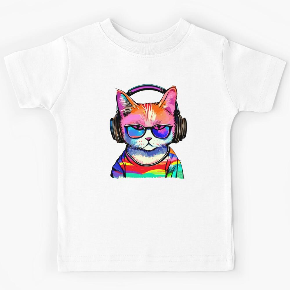 Cute Colourful Cat Listening To Music Kids T-Shirt 130