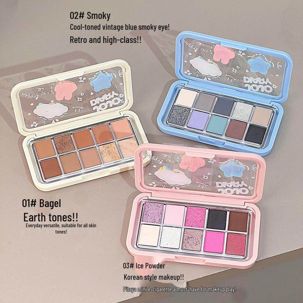 JOJO DIARY Ten-Color Eyeshadow Palette: Cute Paradise Shimmer & Matte, Blue Smoky Eye, Daily Earth Tones.