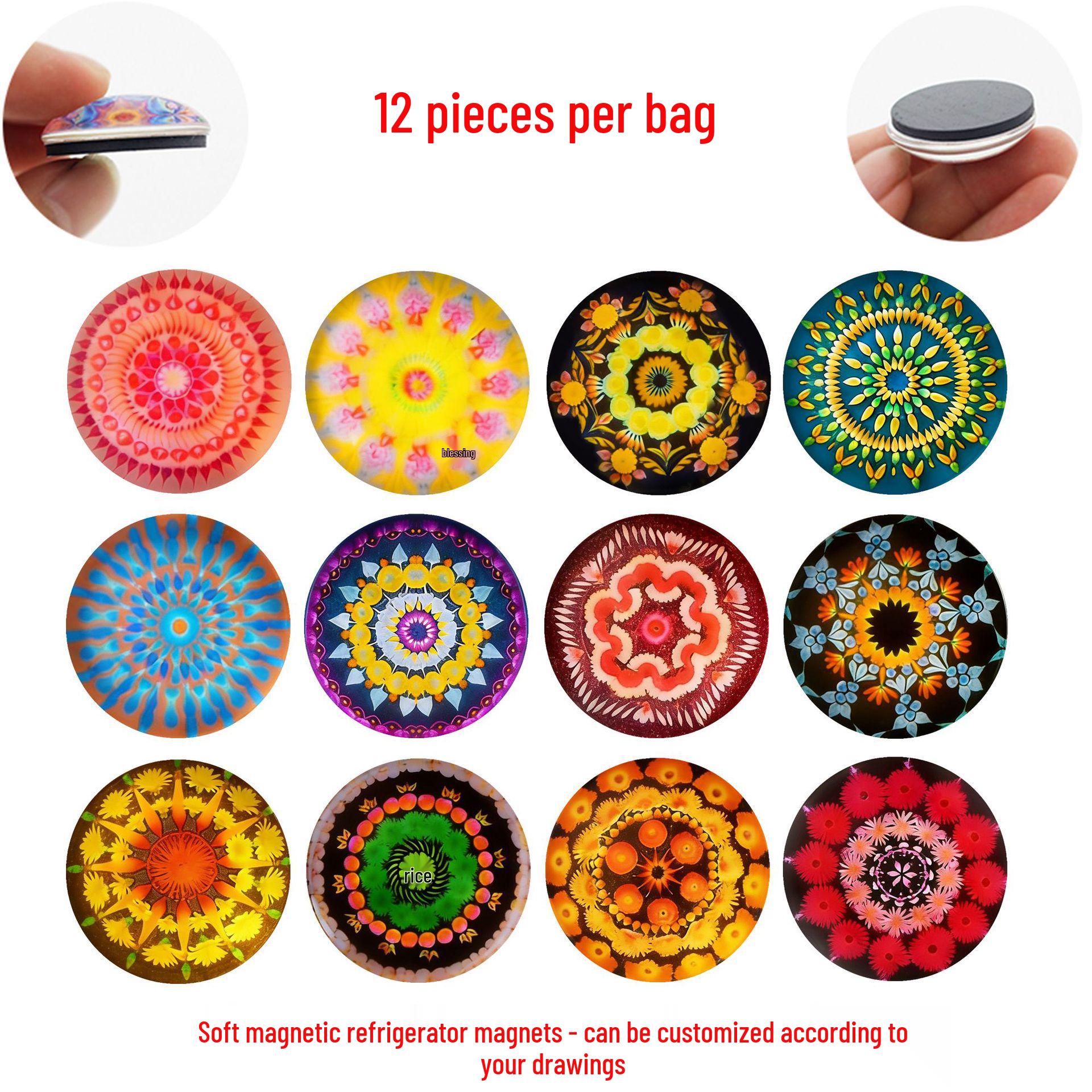 

Mandala Pattern Crystal Glass Soft Magnet for Refrigerator & Whiteboard Decoration 25 mm Refrigerator Magnet Set of 12 (JQT666)