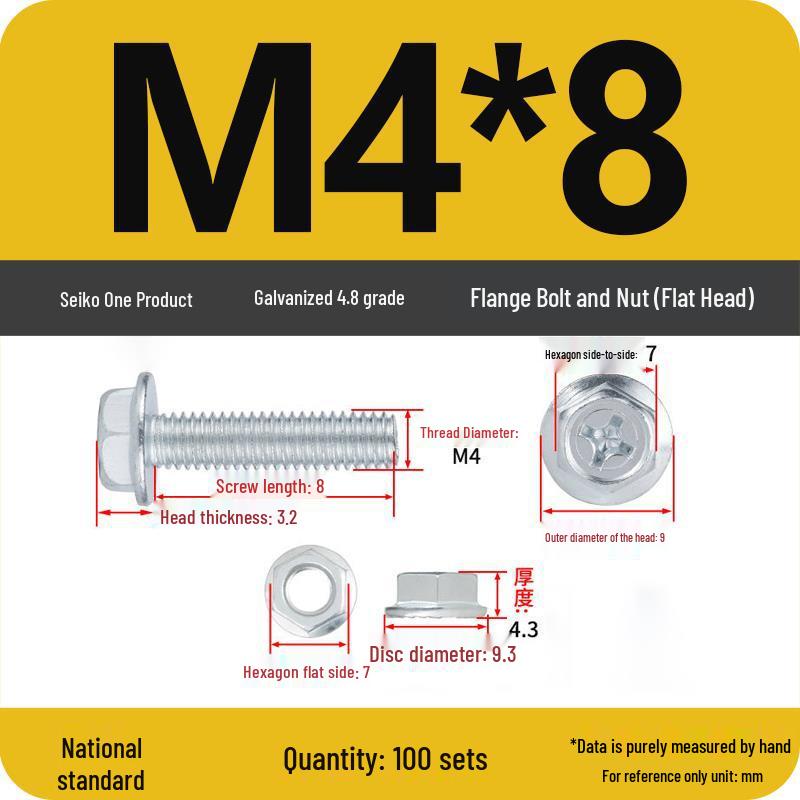 Galvanized Hex Bolt & Nut Set with Washer, Anti-slip, 4.8 Grade, Cross Flange Head, M4-M8 Sizes.