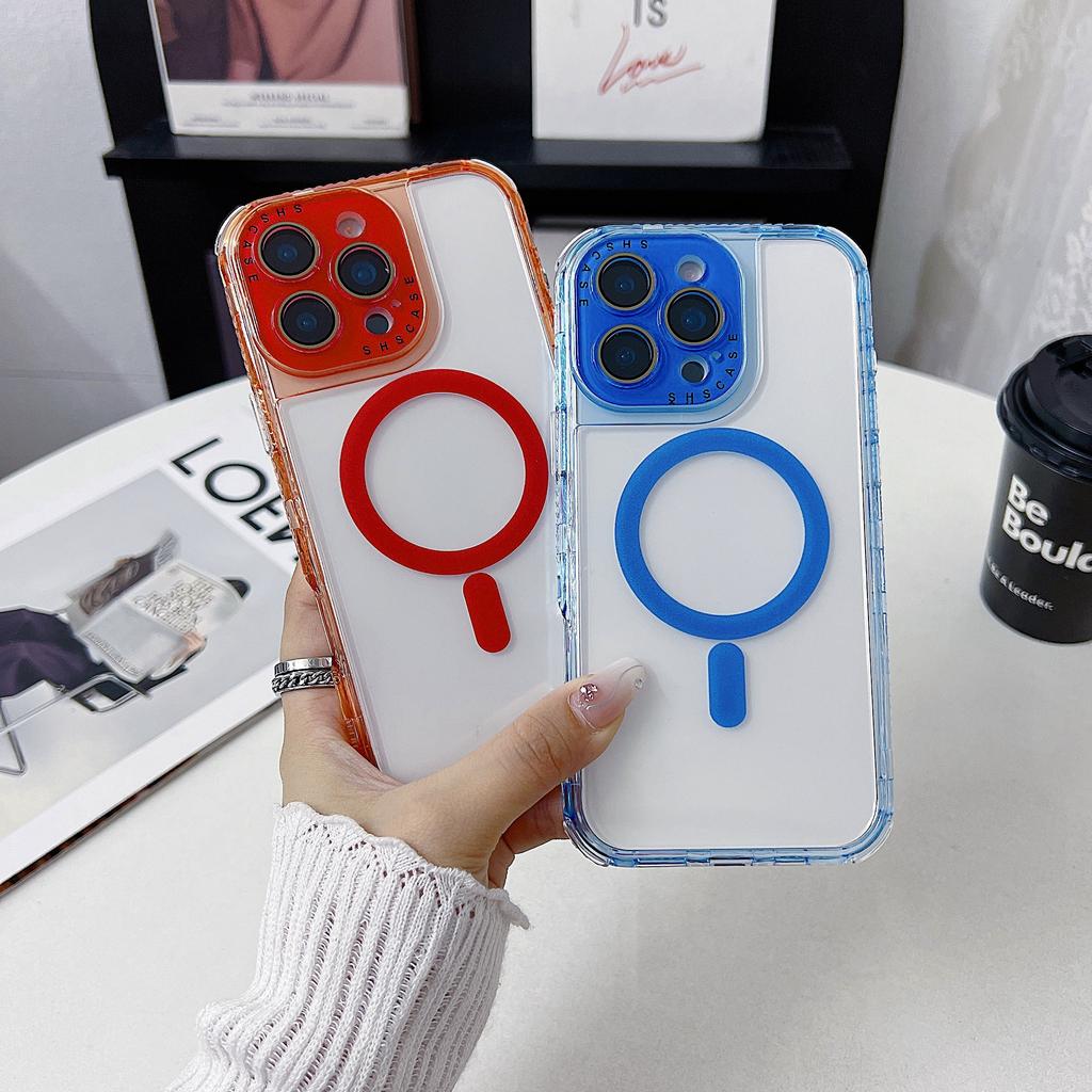 For iPhone 16 Pro Magnetic Case Clear Colorful Frame TPU+PC Phone Back Cover with Lens Film