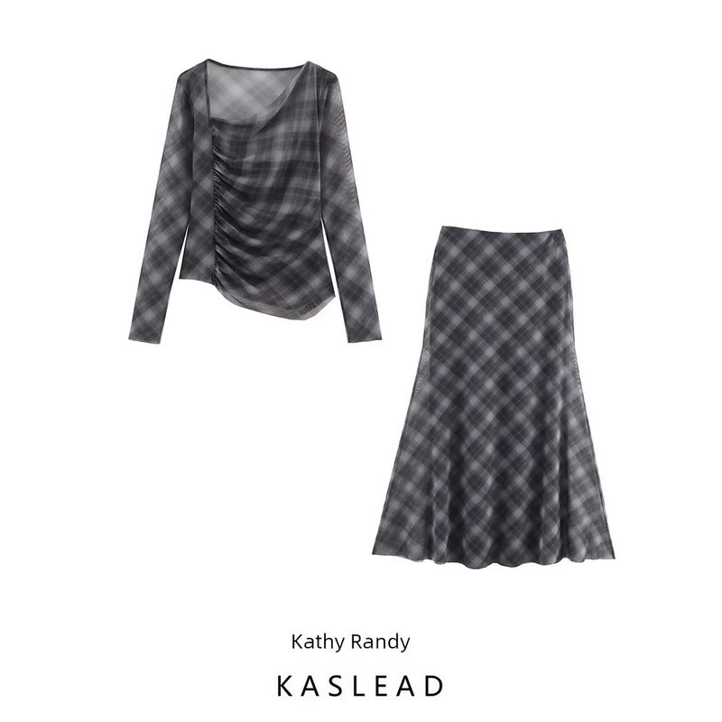 Kaslead New Arrival Women's Clothing Fashion Style Fashion Gingham Silk Net Tops Skirt 5039846 5039847