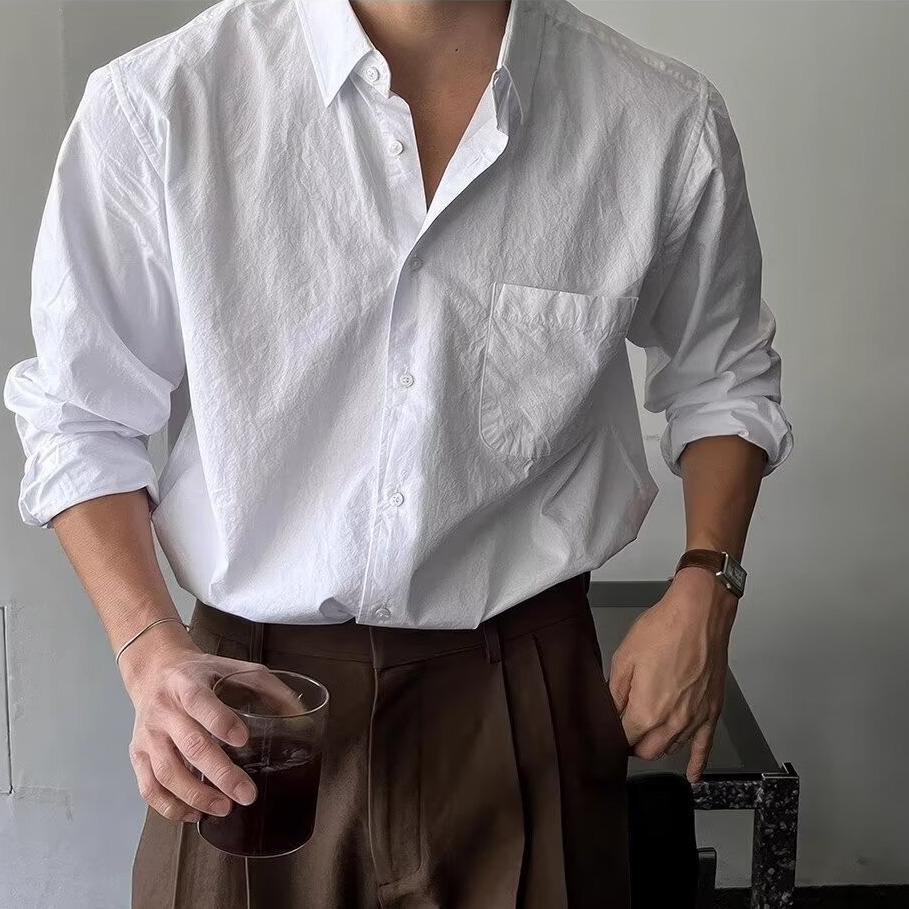 

Korean Style Light Luxury Pleated Long-Sleeve Men s Shirt, Versatile Casual Trend for Spring and Autumn 2024 L белый