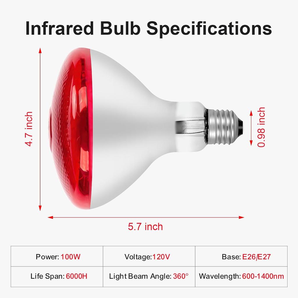 Infrared Bulb Heat Lamp, Red Light Therapy Heat Bulbs, Infrared Light Bulb Suitable for E26/E27 Socket Red Infrared Bulbs for Body/Pet (100, Watts)