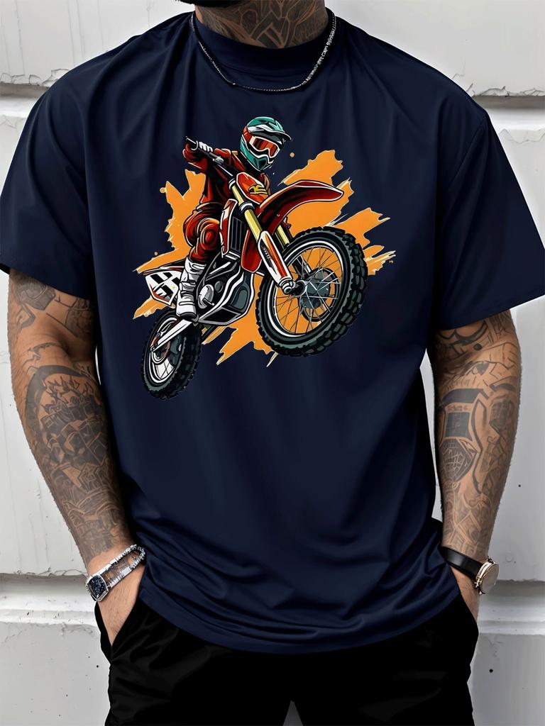 Unisex Crew Neck Tee Cool Motocross Rider Jump Bike Print Short Sleeve Oversized Male Daily Casual Soft Breathable Basic Wear Top
