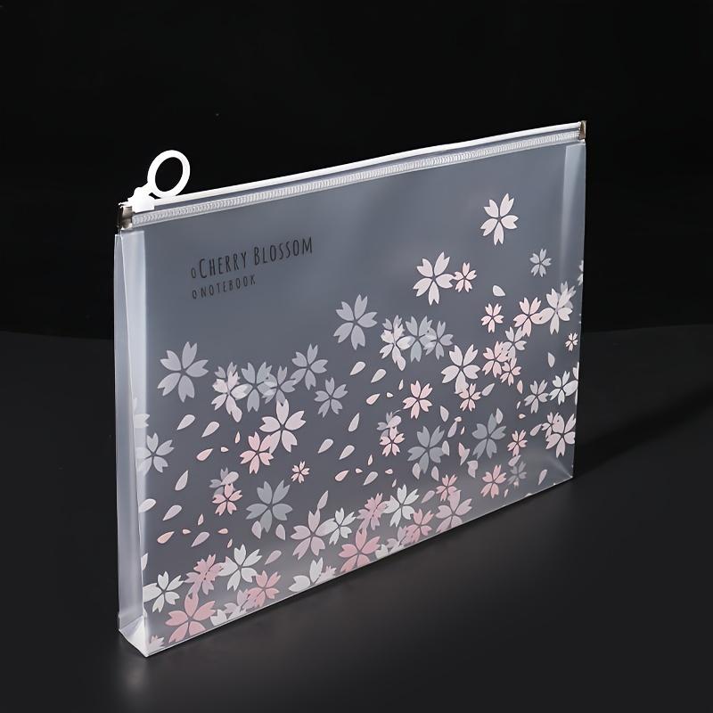 4pcs A4 Zipper File Bag Transparent Pink Cherry Blossom Pattern Office Home Travel Document Lightweight Storage and Organization