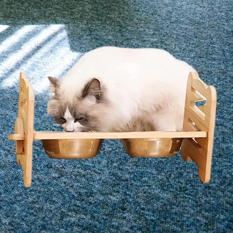 Overhead Dog Cats Feeders Regulable Wooden Stand With Stainless Steel Bowl for Healths Postures Cats And Small Dogs