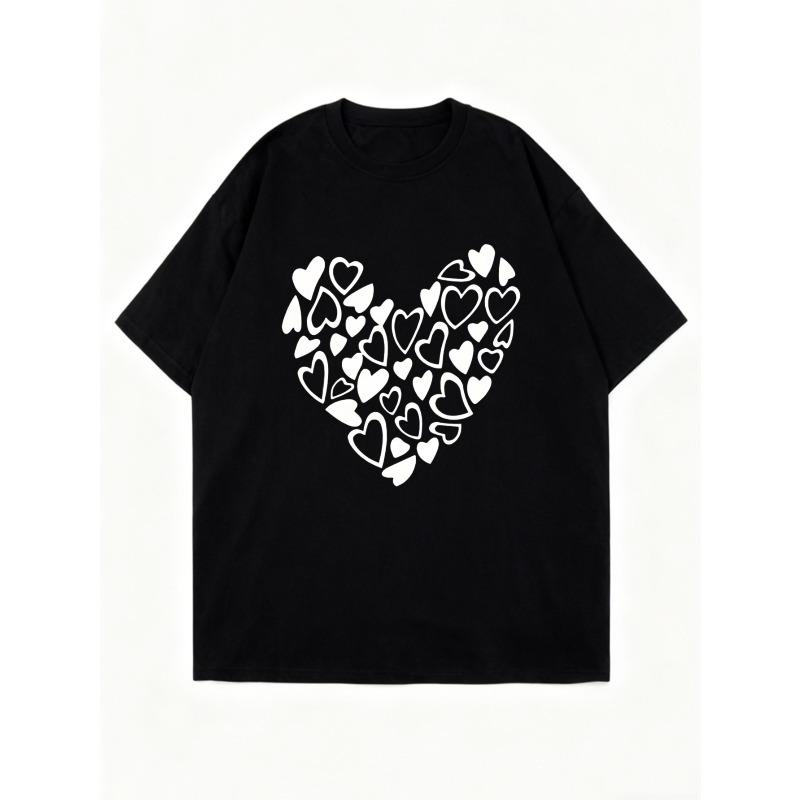 Oversized T Shirt Black Heart Pattern Print Casual Wear For Women Summer Fashion Street Style Top