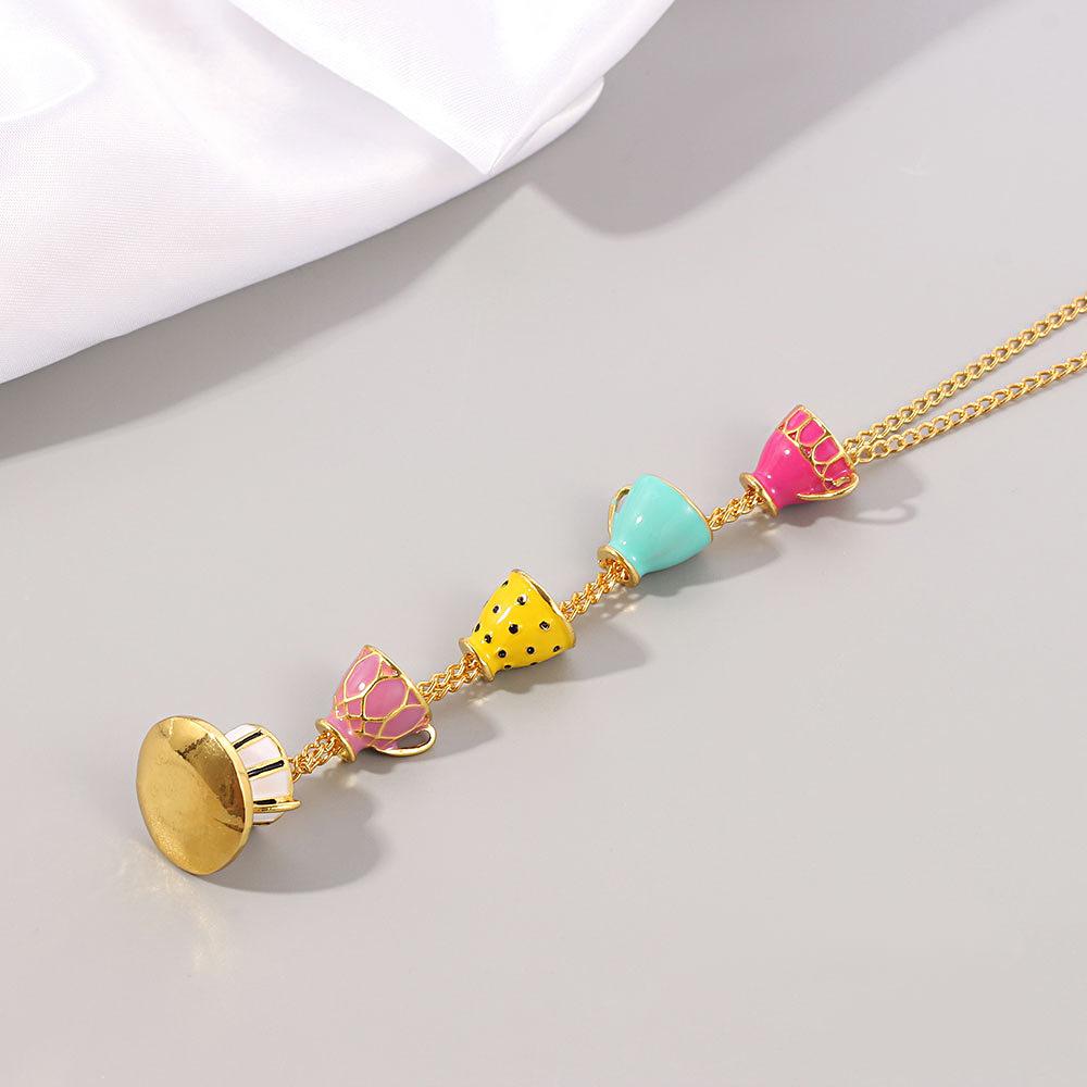 Fashion Accessories Enamel Glaze Teacup Earrings Long Necklace Sweater Chain Jewelry Women's Pendant