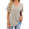 Women's V-Neck Button Detail Ribbed Knit Short Sleeve Top