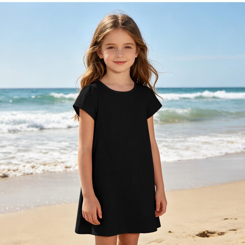 Girls Casual Short Sleeve Dress Lightweight Breathable Summer Dress Made from Cotton Linen Fabric Comfortable Fit Simple Design