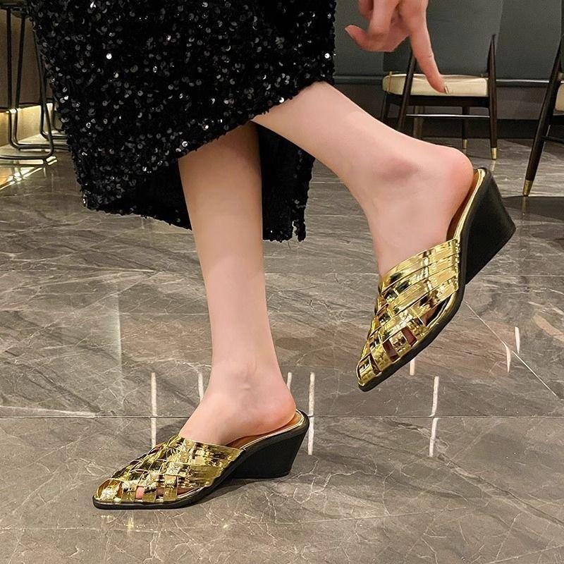 Lackledertasche Kopf dicker Absatz mittlerer Absatz spitz zulaufende Halbschuhe Sommerkleidung High Heels Mules Sandalen Damenschuhe Plateauabsatz