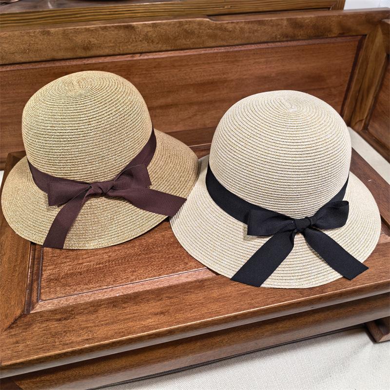 Hat schoolgirl tide bucket hat breathable straw pot hat foldable sun hat sunscreen top hat bow