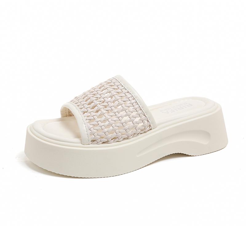 Fashion Platform Platform Slippers Women's Fashion Round Toe Open Toe Woven Strap Anti-slip Wear-resistant Kitten Heel Shoes