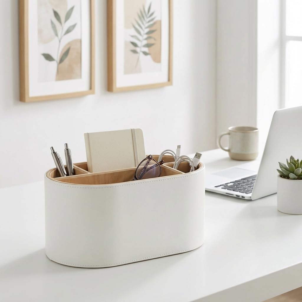 KINGFOM Multifunctional Desk Storage Box with Design for Pen Small and Remote Ideal for Office and Home Use Leather-Look [5 Compartments] Holders,