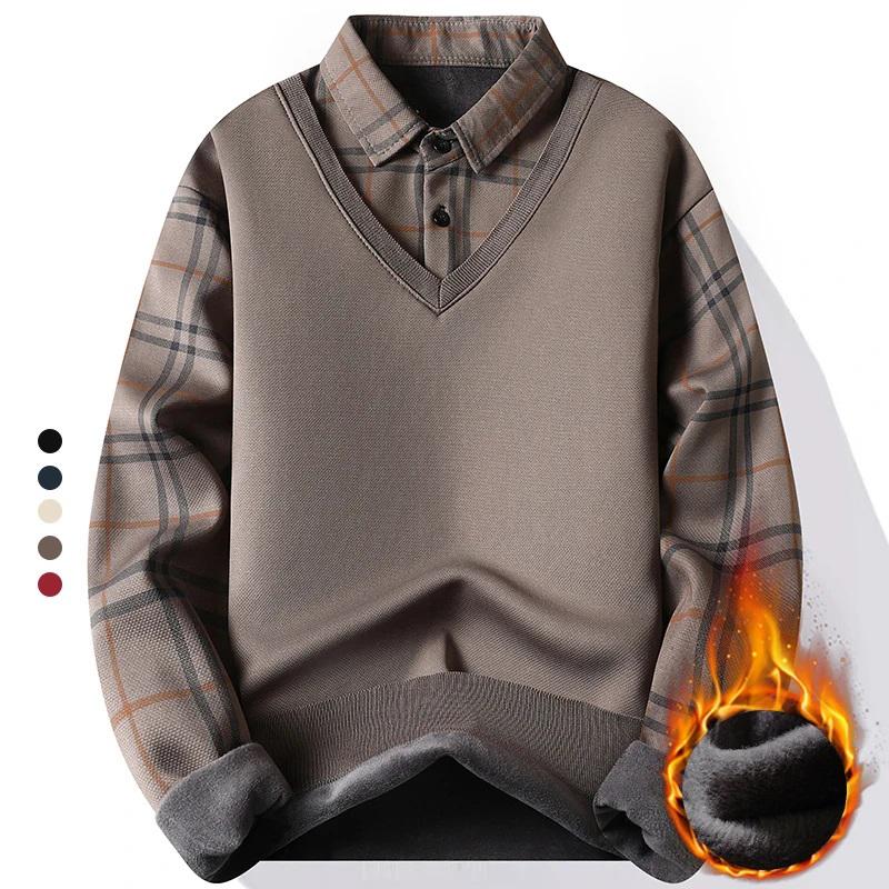 

Men s Fleece Polo Collar Sweater Patchwork Velvet Pullovers Slim Fit Elegant Knitted Sweaters XS