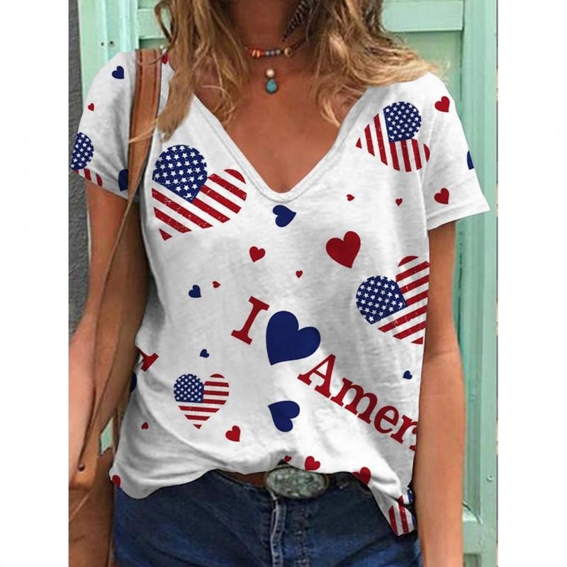 European and American Style Women's Clothing Casual V-neck Short-sleeved T-shirt D Digital Printing Source Wholesale