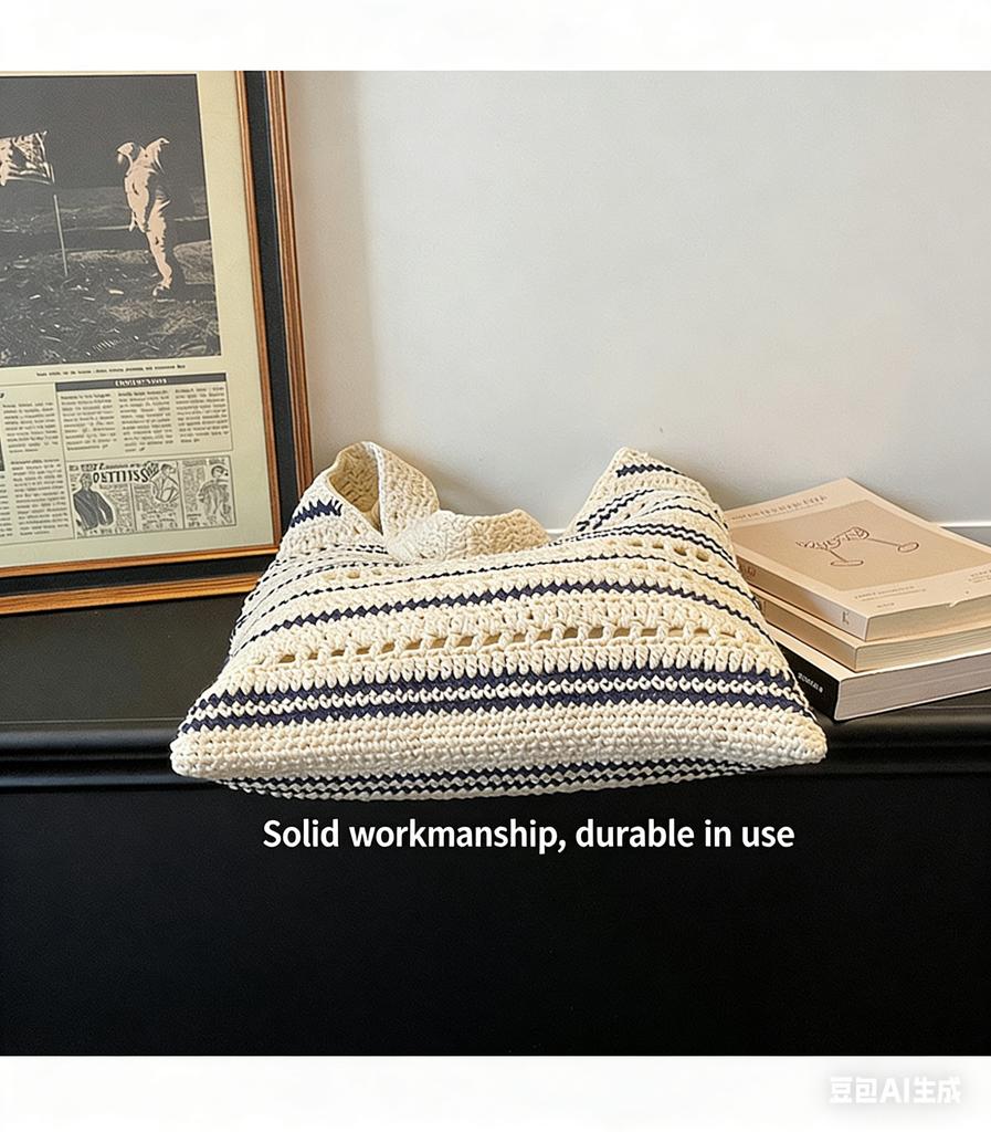 Crochet Tote Bag Striped Woven Shoulder Bag Large Capacity Straw Beach Handbag Fashion Casual Daily Commuting Shopper Tote Bag