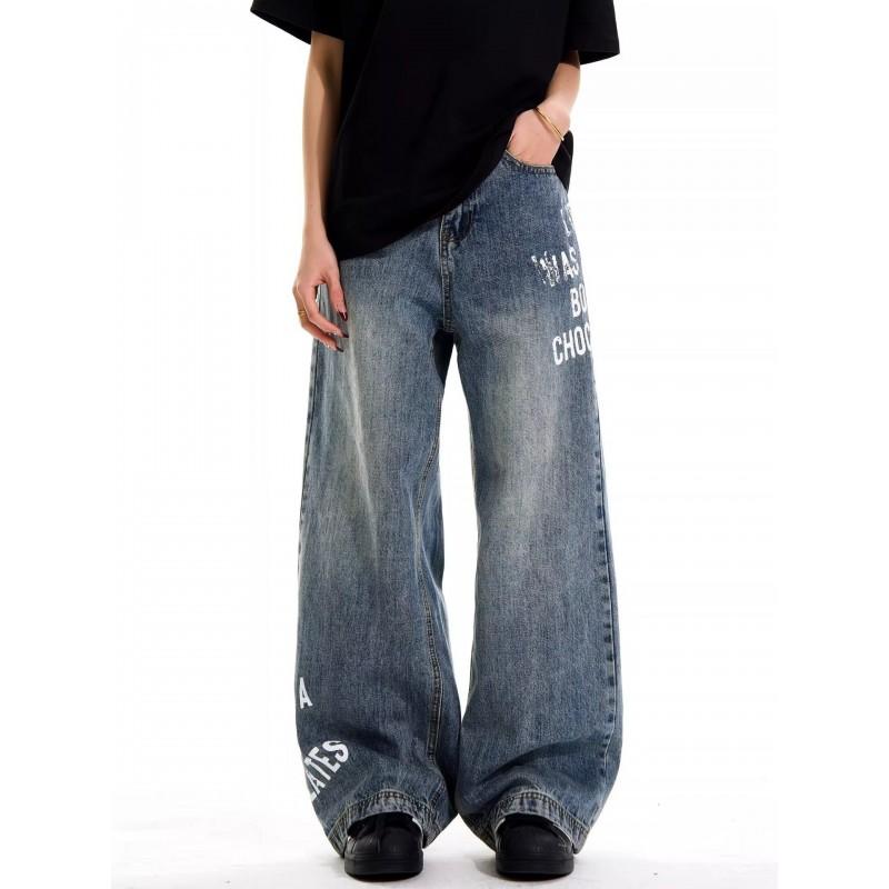2026 Embroidered Denim Pants Loose Fit High Street Style Wide Leg Jeans Teens