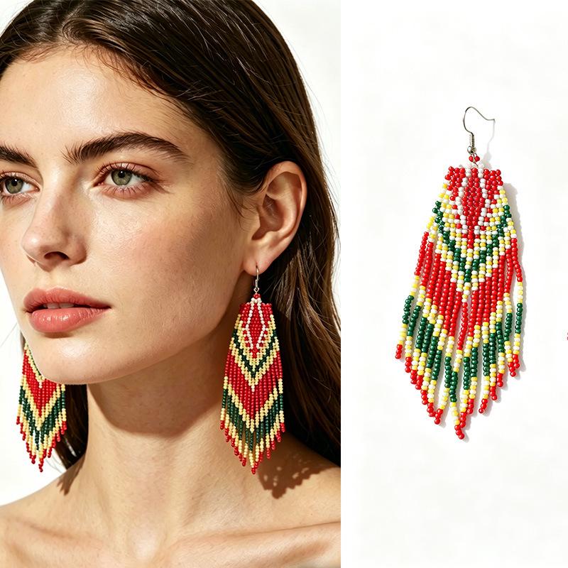Colorful Rice Bead Long Tassel Earrings - Bohemian Ethnic Style for Women Phoenix (Accessory) бусин