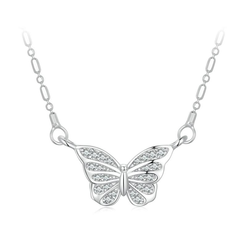 WOSTU 925 Sterling Silver Simple Butterfly Pendant Necklace Lady Engagement Accessories with CZ Stackable Links Jewelry Gift