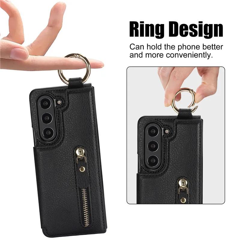 PU Leather Ring Zipper Wallet with Card Holder Phone Case for Samsung Galaxy Z Fold 6 5 4 3 Fold6 Fold5 Fold4 5G Kickstand Cover