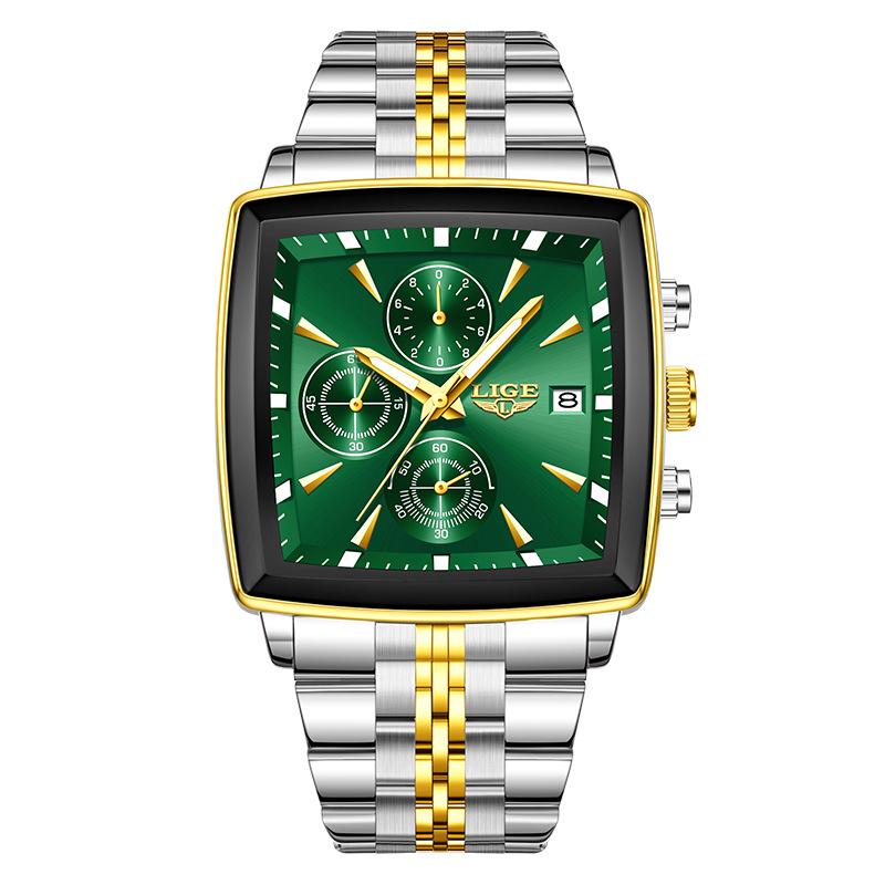 Kuanger Men s Square Quartz Multifunction Waterproof Watch with Luminous Calendar and Stainless Steel Band