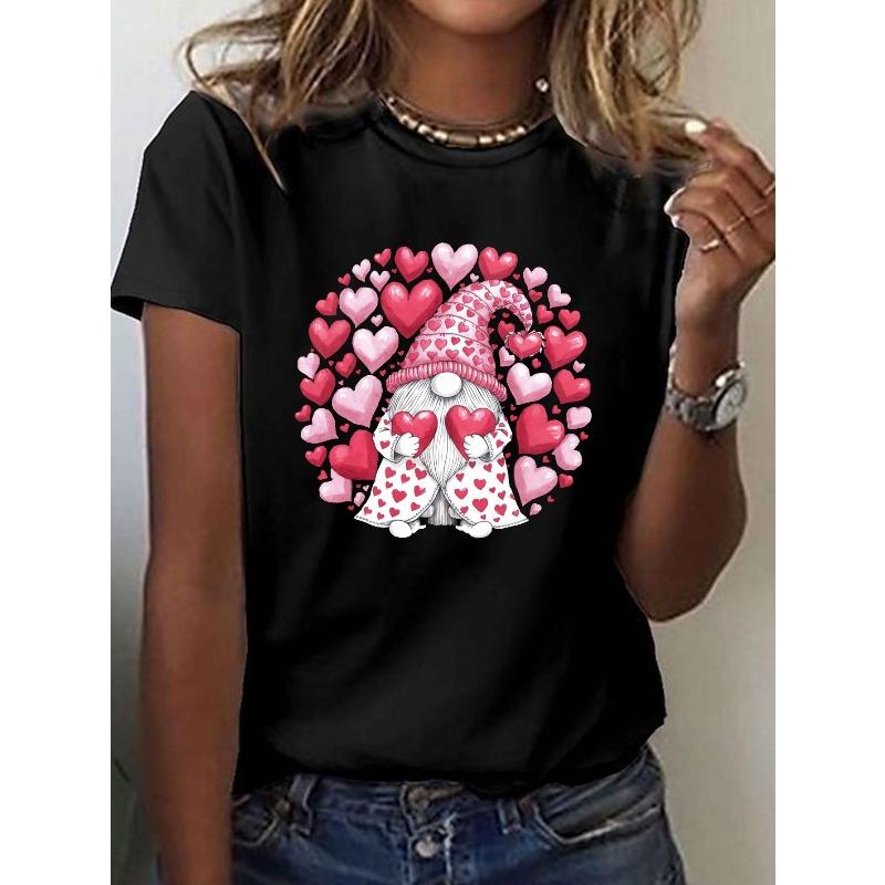 European Size Women's Fantasy Love Pattern Dwarf Printed T-shirt- and Red Love Hat Dwarf Face Short Sleeve round Neck Top