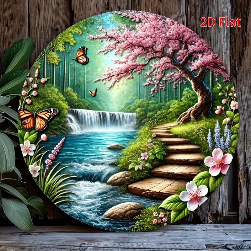 D Flat pc Round Metal Tin Sign with Vibrant Spring Waterfall Cherry Blossom Design Ideal for Office Decor MotherS Da