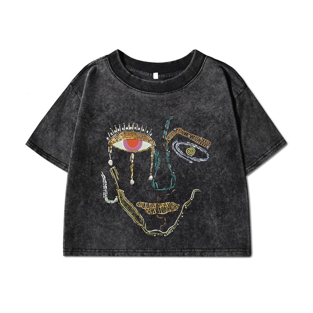 Woman Cotton Crop Washed T-Shirts Color Graffiti Woman'S Face Prints Tops Oversize O-Neck Distressed Short Sleeve Clothes