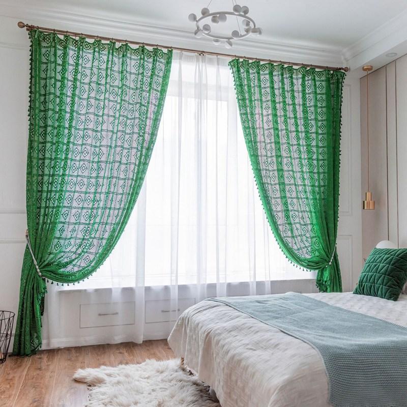 

Polyester Cotton Semi-shading Retro Hollowed Out Home Decoration Curtain North American Rural Style Fabric Floor Screen Window W100 x H180cm&Threading Rod